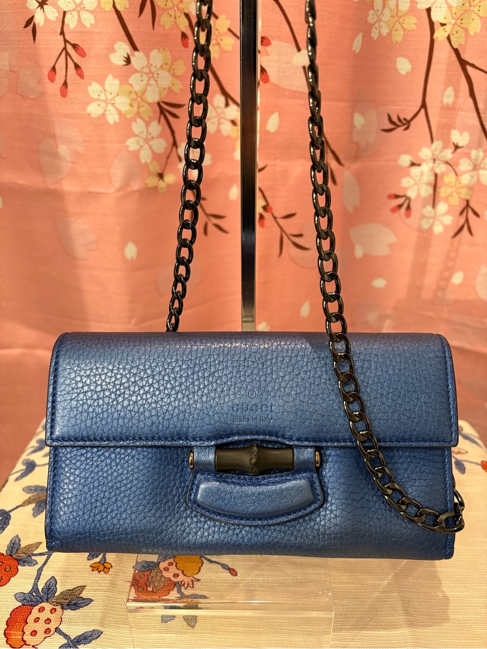 Gucci Bamboo Pebbled Leather Long Wallet Blue with chain & COA
